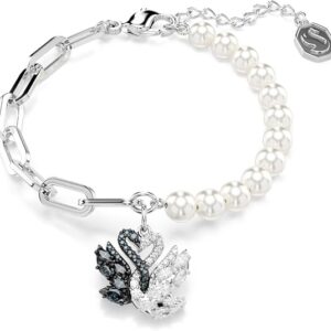 Swan bracelet, crystal pearls, swan, black, rhodium finish